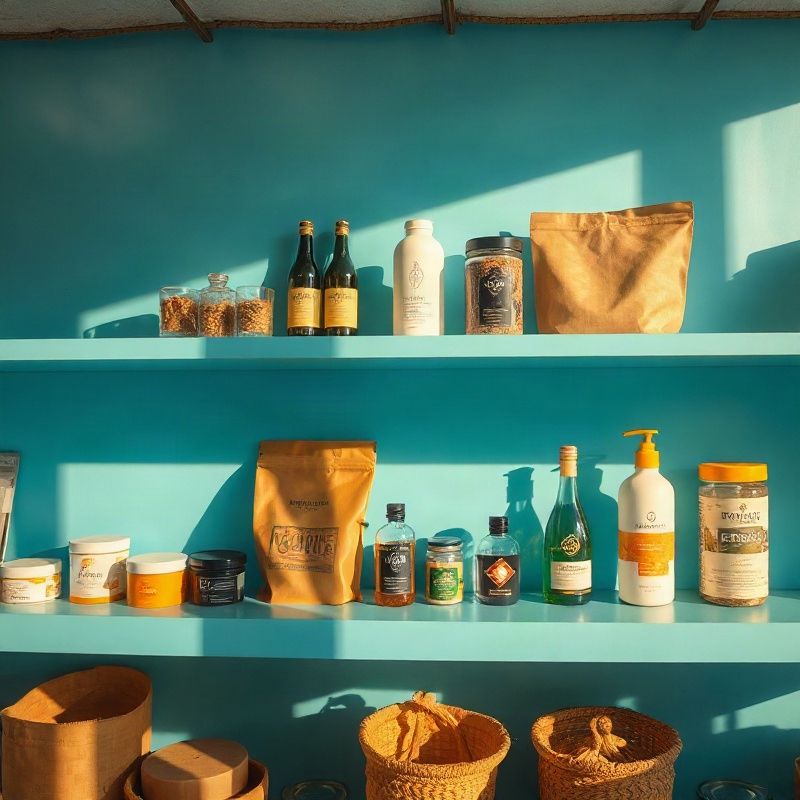Produtos organizados sobre uma prateleira clara em uma loja de Fortaleza